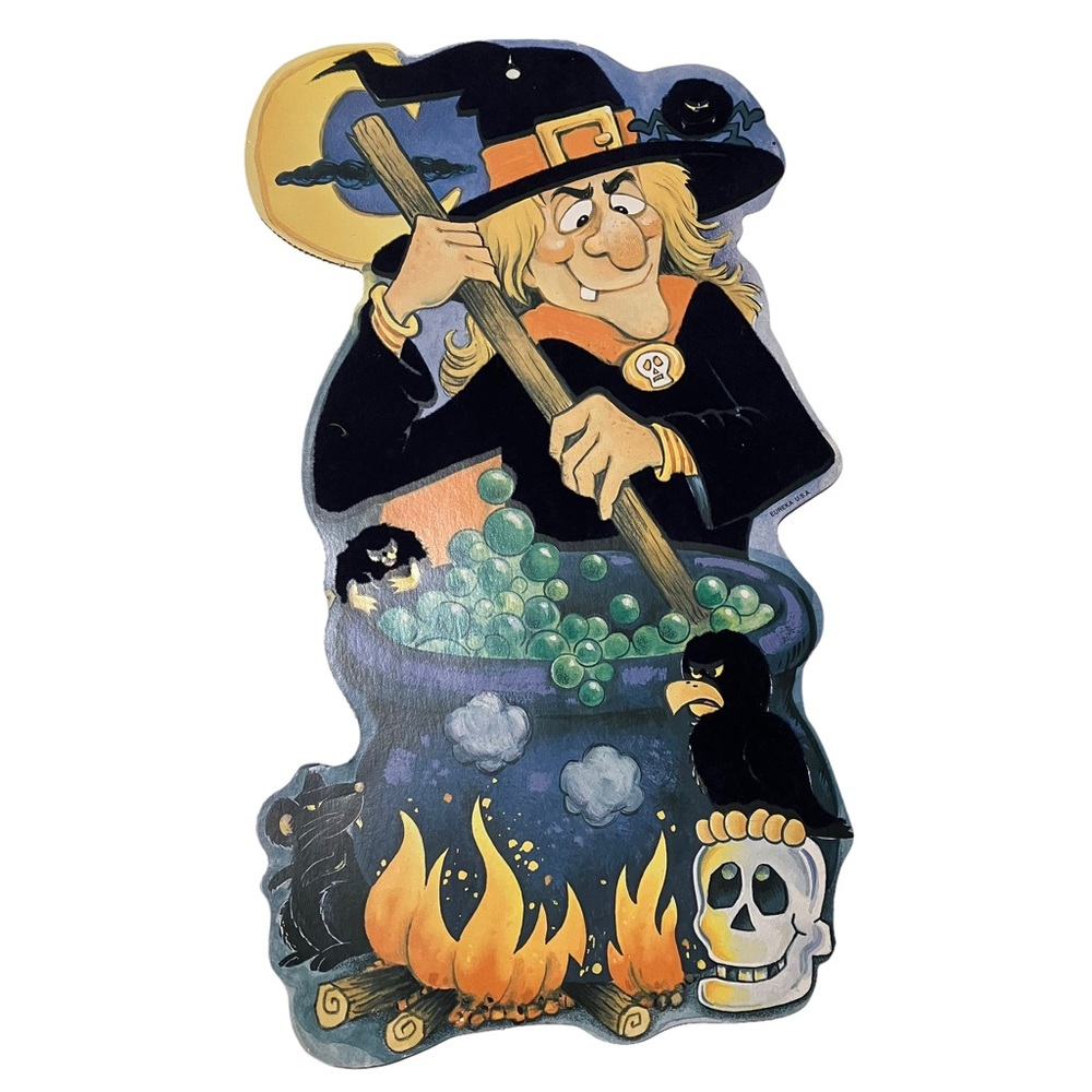 Vintage Eureka Halloween Witch Cauldron Flocked Fuzzy Double Sided Die C…